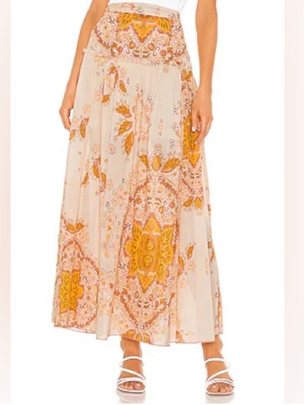 Women’s FREE PEOPLE Farrah drop waist maxi skirt- printed tiered combo. Size 8